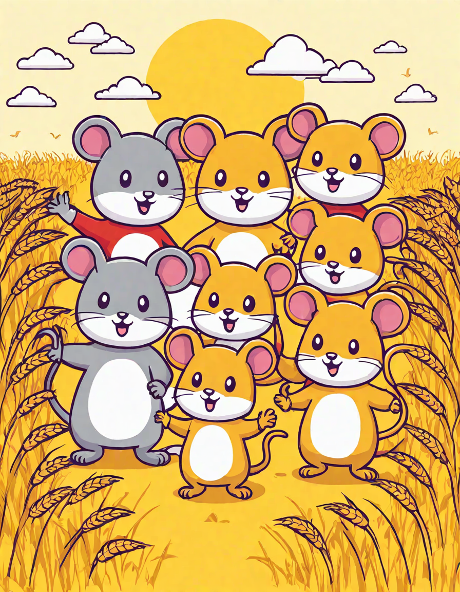 family of mice in a cornfield at sunset coloring book page in color