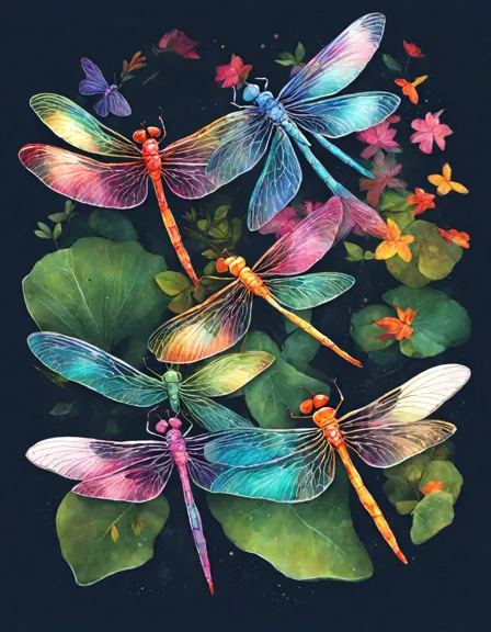 dragonflies dance in a sunlit pond, their iridescent wings glinting like rainbows in a coloring book page in color