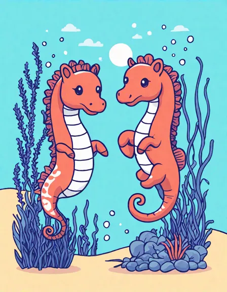 coloring page of seahorses in a vibrant coral reef and sea grasses, perfect for ocean enthusiasts in color