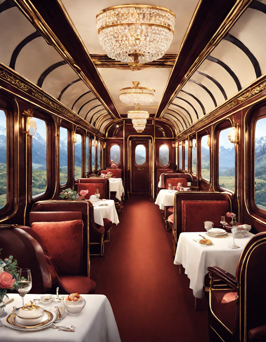 coloring page of luxury orient express train with elegant dining interior and scenic mountain background in color