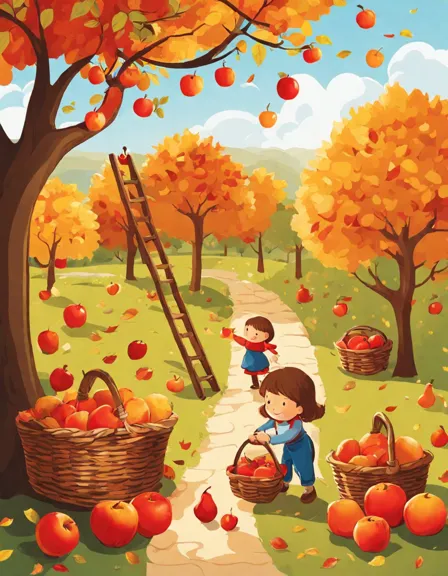 Coloring book image of children and adults harvesting apples and pears in a sunlit orchard during fall in color