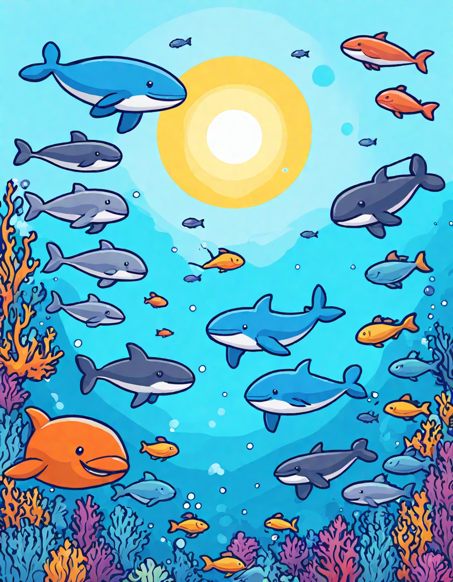 coloring book image showing whales and various sea creatures in the ocean in color