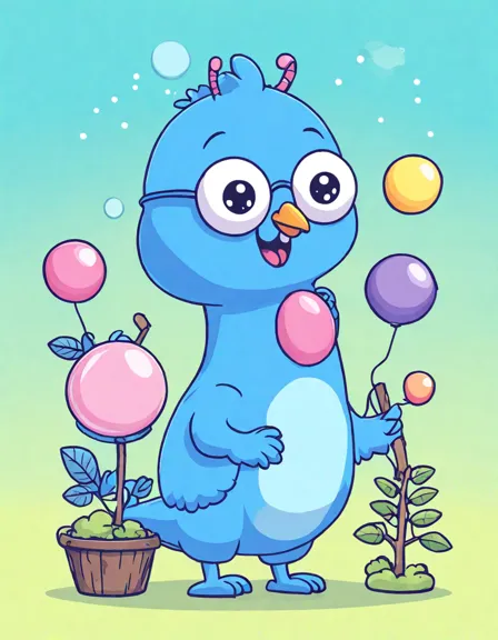 coloring page of a blue monster throwing a tea party for colorful birds in a candy forest in color