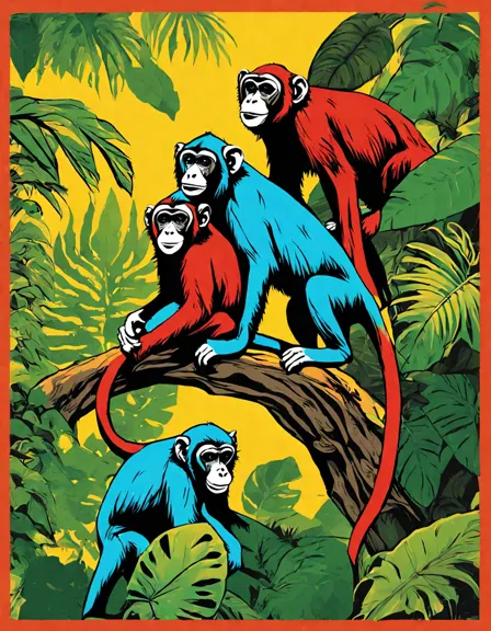 coloring book page featuring playful monkeys swinging in a vibrant jungle setting in color