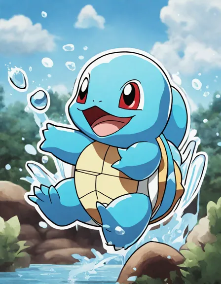 water-type pokemon squirtle releases a powerful stream of water from its mouth in this coloring page in color
