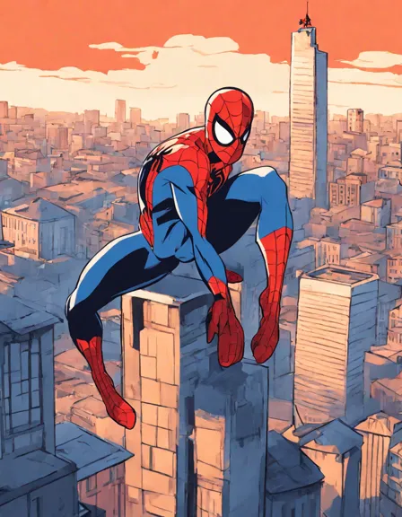 Coloring book image of spider-man perches on a skyscraper overlooking the sprawling cityscape, his iconic red and blue suit casting long shadows in the fading sunlight in color