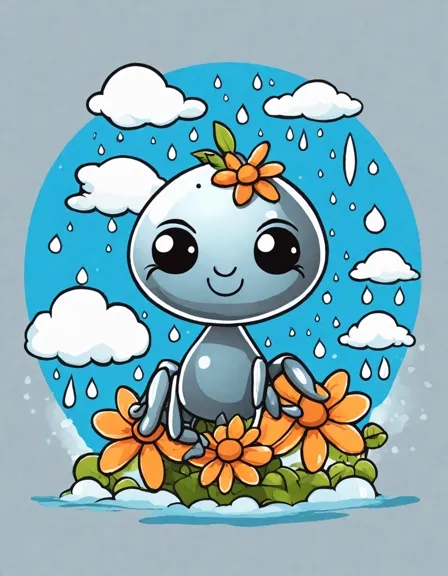 coloring page of itsy bitsy spider climbing a water spout with rain, sun, and flowers in color