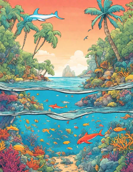 secluded island hopping adventure coloring page with coral reefs, dolphins, and palm-fringed islands in vibrant blues and turquoises in color