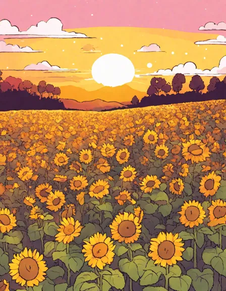 Coloring book image of sunflower field at sunset with a path, under a sky of orange, pink, and purple hues in color