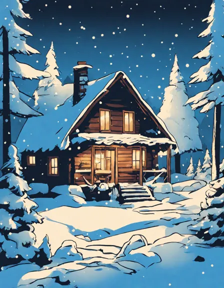Coloring book image of cozy log cabin nestled amidst snow-laden pines in a winter wonderland, inviting you to color and create your own vibrant winter scene in color