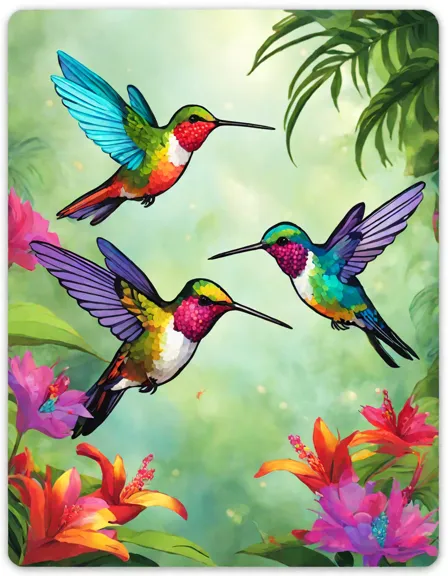 Coloring book image of illustration of hummingbirds and exotic flowers in a lush rainforest setting in color