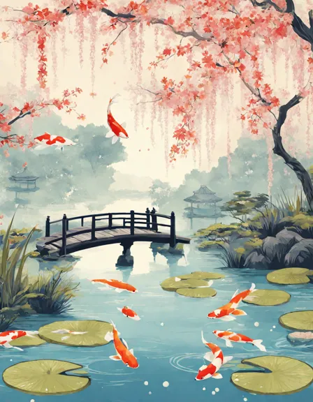 Coloring book image of japanese garden in summer with koi fish, lilies, irises, and lanterns in color