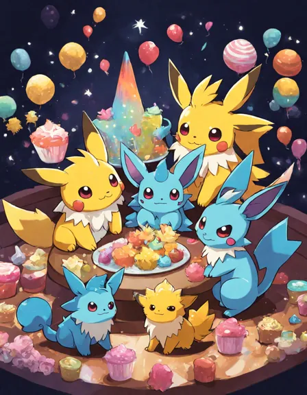 Coloring book image of colorful pokemon evolution party featuring eevee and its evolutions vaporeon, jolteon, and flareon in color
