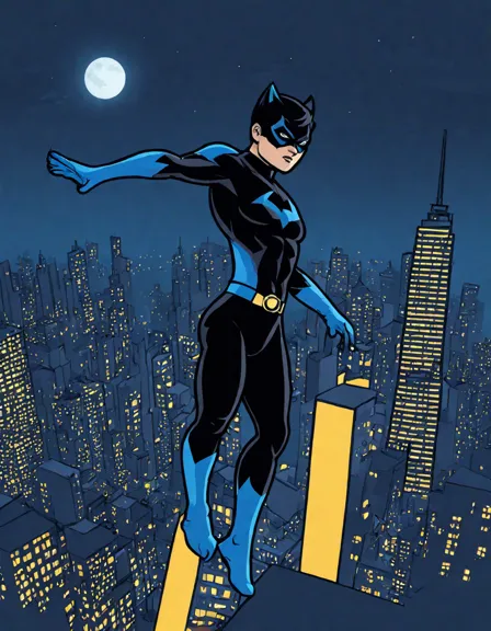 action-packed coloring page of nightwing, the acrobatic protector of gotham, soaring through the city skyline with gravity-defying flips and twists in color