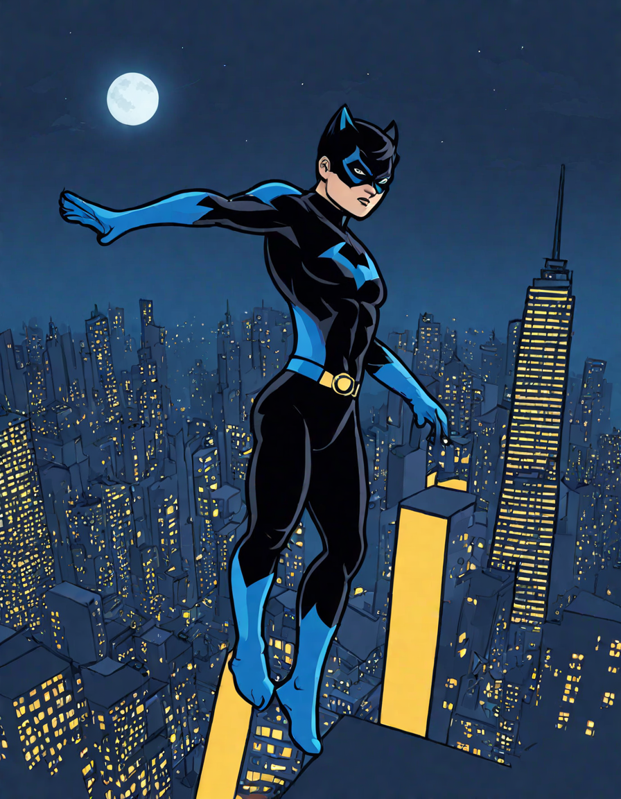 action-packed coloring page of nightwing, the acrobatic protector of gotham, soaring through the city skyline with gravity-defying flips and twists in color