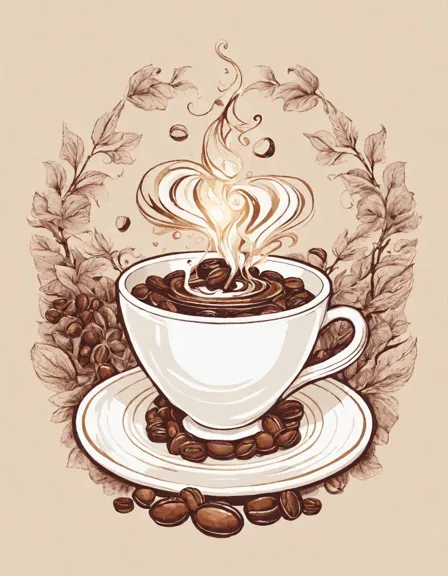 calming coffee ritual coloring page with intricate cup and bean patterns in color