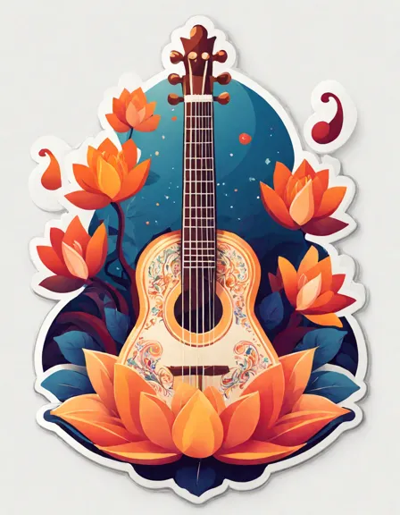 mystical sounds of the sitar coloring book page featuring a sitar, musical notes, and lotus flowers in color