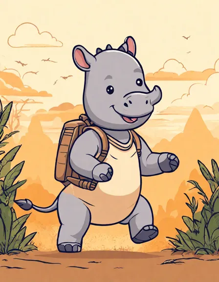 coloring book page featuring a charging rhinoceros in the savannah with jungle background in color
