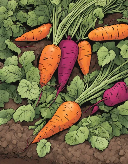 coloring page featuring detailed root vegetables like carrots and beets underground in color