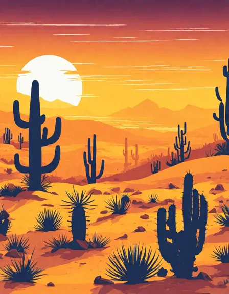captivating coloring page of a lone cactus at sunrise amidst the desert, symbolizing resilience and creativity in color