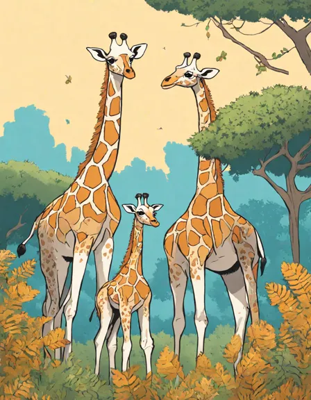 family of giraffes among treetops in a coloring book scene of the african savanna in color