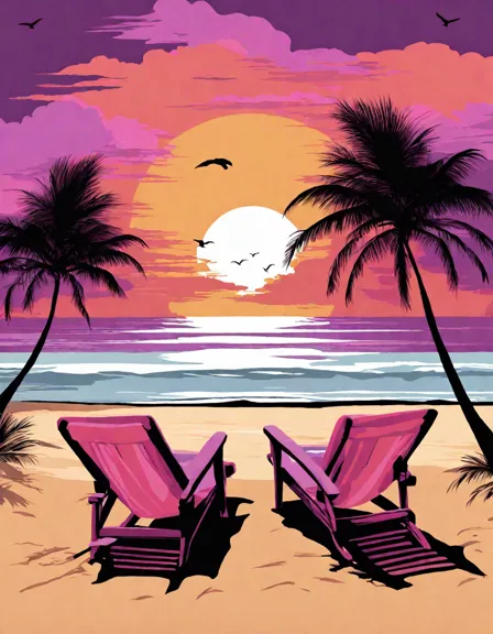 Coloring book image of serene beach sunset with colorful sky, mirrored sea, and a thatched-roof hut on a palm-lined shore in color
