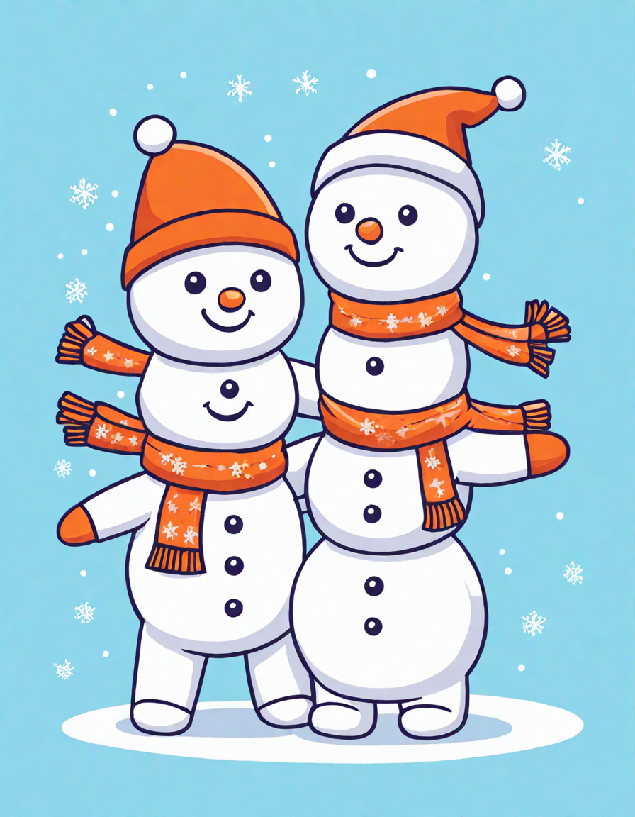family building snowmen under a christmas tree on a snowy evening, coloring page image in color