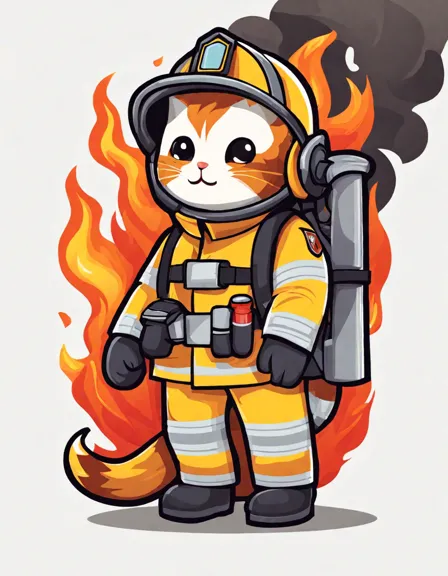 Coloring book image of firefighters rescue residents and a kitten from a burning building, amidst smoke and flames in color