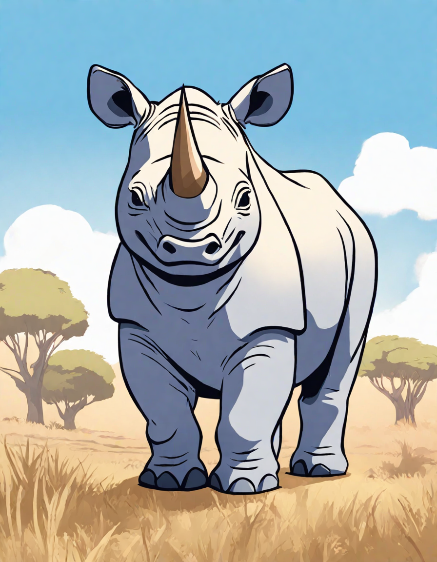 coloring book page featuring a detailed rhinoceros in a savannah habitat with acacia trees in color