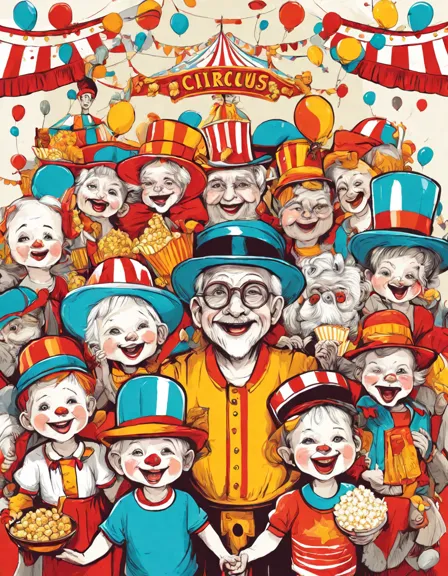 coloring page of a joyful circus audience with kids and elderly watching the show in color