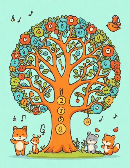 enchanting magical number forest coloring page with whimsical dancing numbers, vibrant flowers, and majestic animals in color