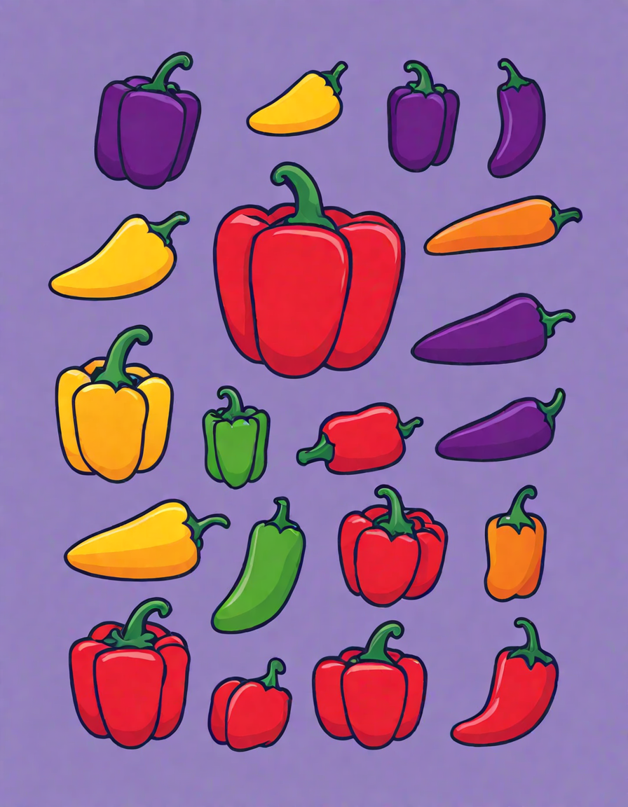 coloring book page featuring a variety of peppers in multiple colors and shapes, inviting creativity in color