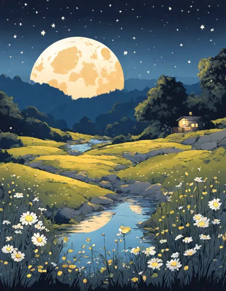 Coloring book image of moonlit meadow with wildflowers and a stream under starry sky in color