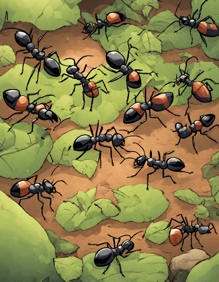 detailed coloring page depicting the bustling life inside an ant colony with various roles in color