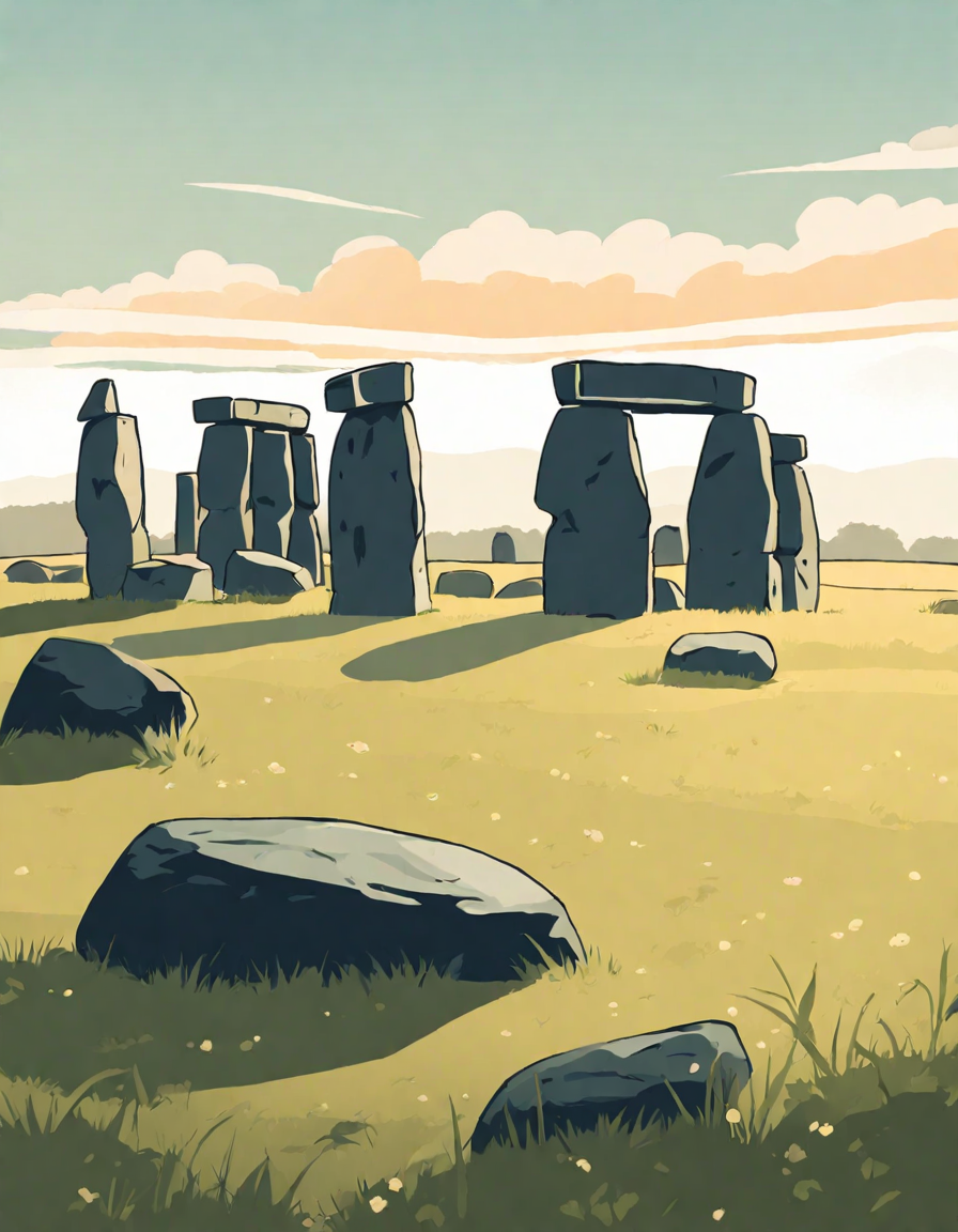 coloring book page featuring stonehenge at dawn with mist and long shadows on a grassy plain in color