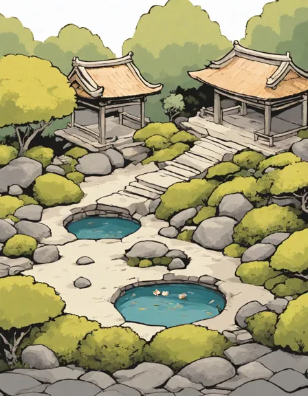 Coloring book image of japanese zen garden with raked sand, stones, bonsai trees, koi pond, and traditional architecture, inviting calm and mindfulness in color