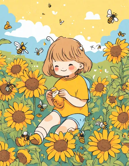 enchanting coloring book scene featuring honey bees dancing among vibrant sunflowers, daisies, lilies, and butterflies amidst a bustling hive in a whimsical honey bee haven in color