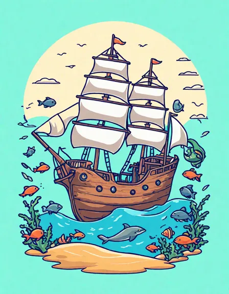 coloring page of a shipwreck with dolphins, sea turtles, and fish on ocean floor in color