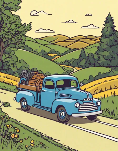 vintage trucks racing down a country road coloring page with scenic backdrop in color