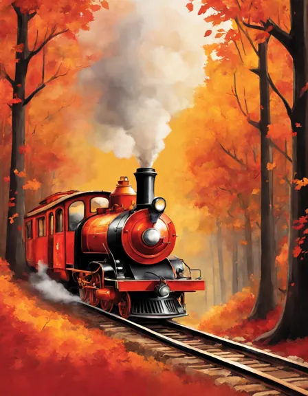 coloring book page of a train in autumn forest with vibrant foliage and woodland creatures in color