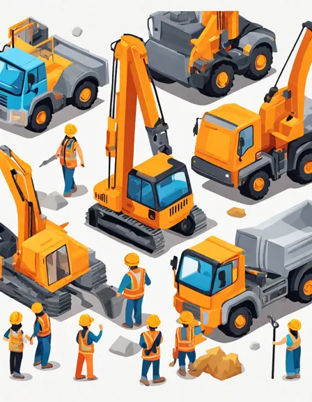coloring book illustration of construction site with crane, workers, and machinery building the future in color