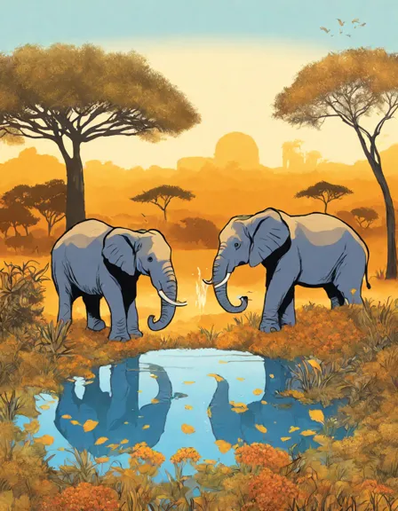 coloring page of elephants at a watering hole in the african savanna at sunset in color