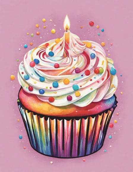 whimsical coloring book page of playful cupcakes with sweet frosting and illuminating candles in color