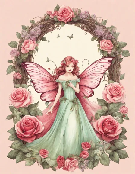 Coloring book image of whimsical fairy tea party under blooming roses, with fairies in ethereal gowns and the sweet scent of roses in color