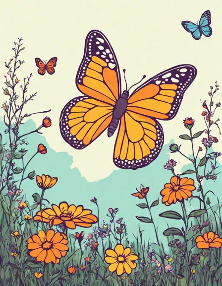 Coloring book image of butterflies fluttering among colorful flowers in a lush meadow, showcasing nature's harmony in color