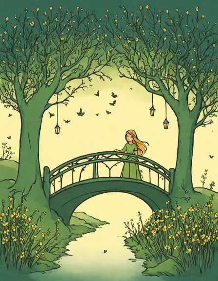 enchanting coloring page featuring a mystical buttercup bridge leading to the fairy queen, surrounded by blooming buttercups, twinkling stars, and an arching willow tree in color