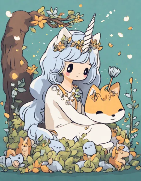 Coloring book image of guardians of the lost fairy crown in magical, mystical forest with unicorn, owl, and fox in color