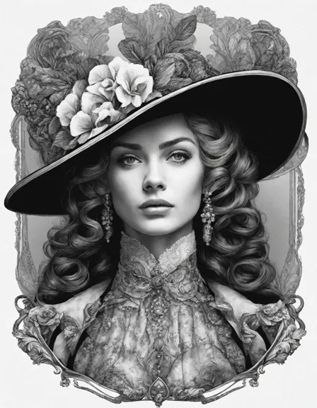 coloring book page featuring intricate portraits of victorian-era ladies and gentlemen adorned in elegant attire in color