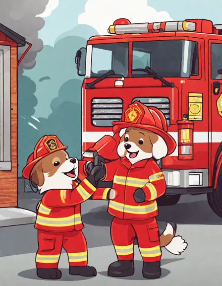 Coloring book image of firefighters celebrating with a rescued puppy outside a red fire engine at the fire station in color