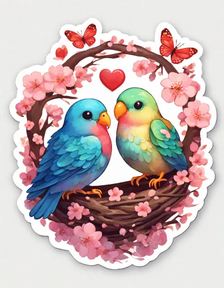 Coloring book image of lovebirds in heart-shaped nest among blooming cherry blossoms with butterflies and rainbow in color